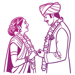 Elegant Indian Wedding Illustration Depicting a Bride and Groom Exchanging Garlands in a Traditional Ceremony of Love