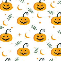 Halloween set with ghost, branches, moon, crescent, leaves, pumpkins, stars. Halloween card, Halloween pattern.