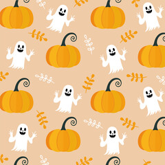 Happy Halloween party, seamless background with cute ghost and pumpkin. Cartoon character. Vector illustration.