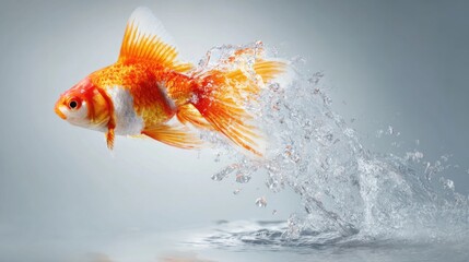 A goldfish with striking orange and white colors jumps out of the clear water, creating splashes that shimmer. The moment captures the fish's dynamic motion and liveliness.