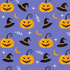Witch hats and pumpkins on a dark blue starry sky background. Seamless vector pattern for Halloween.
