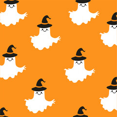 Cute Halloween seamless pattern with ghosts in hats on orange background. Vector illustration.