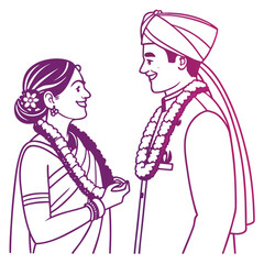 Elegant Indian Wedding Illustration Depicting a Bride and Groom Exchanging Garlands in a Traditional Ceremony of Love