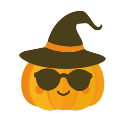 Cute pumpkin with glasses and hat for Halloween. Vector illustration of cartoon character.