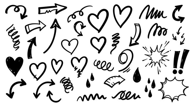 Line marker hand drawn brush arrow element set. Sketch pencil stroke vector graphic pen underline scribble icon. Hand drawn line heart, crown, star symbol highlight marker shape. Vector illustration - Powered by Adobe
