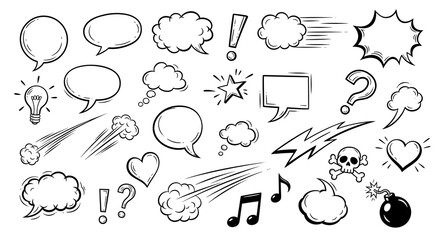 Comic boom cartoon effect line element set. Comic speech bubble pow, boom text, explosive splash smoke, wow cartoon vector icon. Hand drawn sketch doodle explosive element. Vector illustration.