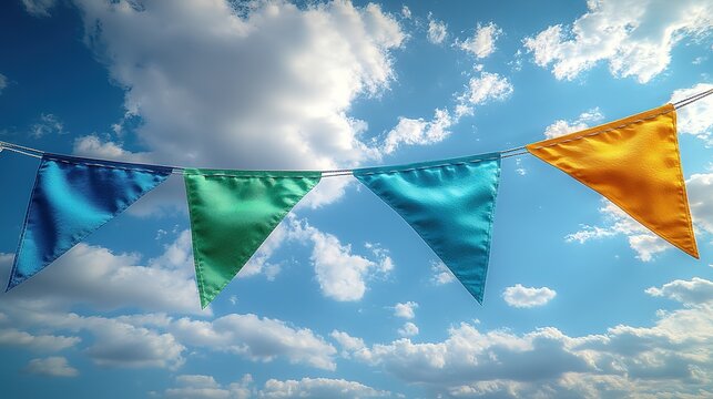 Colorful Triangular Banners Against a Bright Blue Sky with Clouds for Festive Decorations