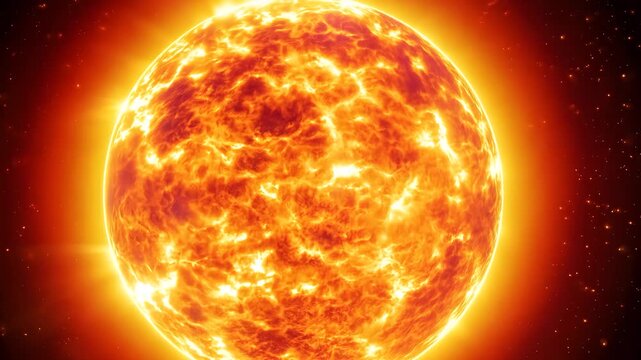 3D animated sun with intense surface turbulence, coronal flares and fire arcs rotating slowly