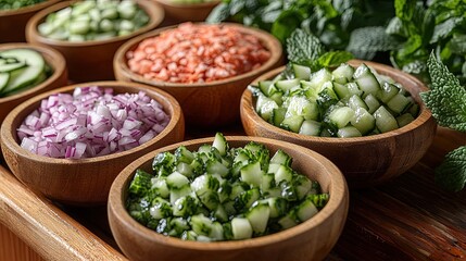 Wooden Bowls with Diced Vegetables for Salad Preparation on a Kitchen Counter