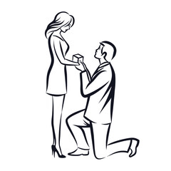 Elegant Line Art Illustration of a Marriage Proposal with a Man Kneeling Before a Woman Holding a Ring Box