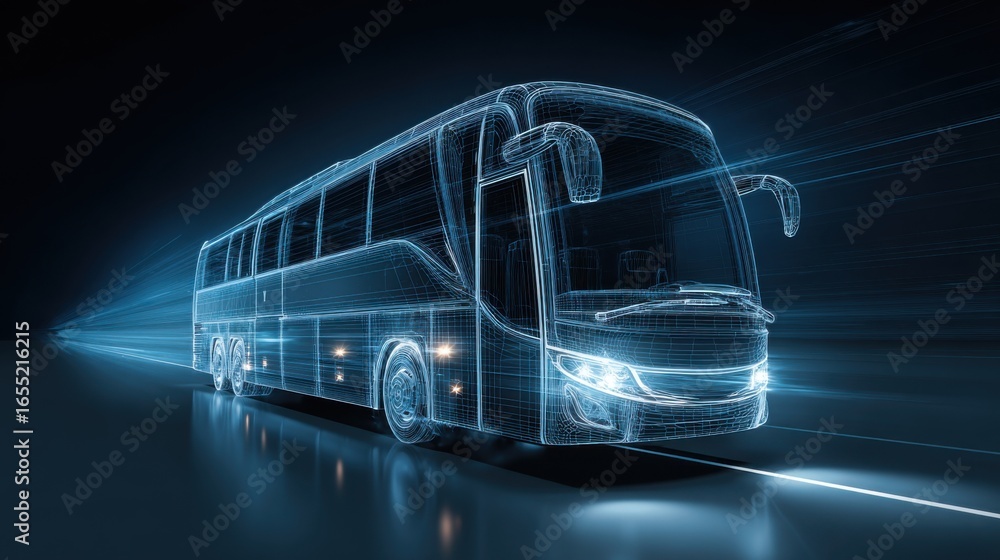 Poster a highly detailed digital representation of a bus displays its futuristic features, highlighting the