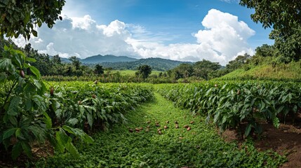 Obraz premium Lush coffee plantation stretches across a valley under a vibrant sky.