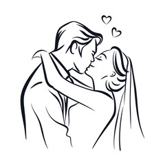 Passionate Embrace A Line Art Depiction of a Loving Couple Sharing a Kiss Surrounded by Hearts