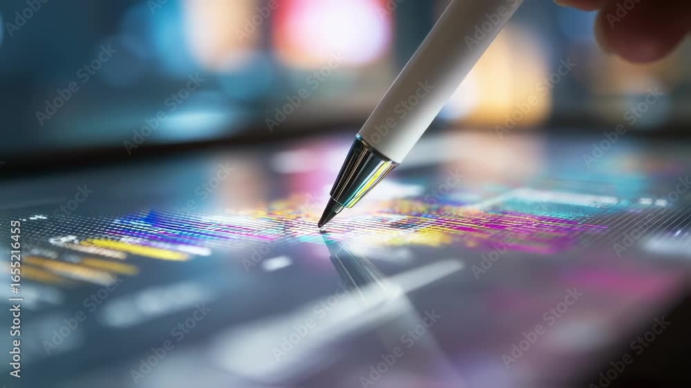 Aufkleber close up of a stylus pen pointing at a colorful financial chart displayed on a digital tablet screen