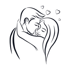 Passionate Embrace A Line Art Depiction of a Loving Couple Sharing a Kiss Surrounded by Hearts