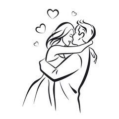 Passionate Embrace A Line Art Depiction of a Loving Couple Sharing a Kiss Surrounded by Hearts