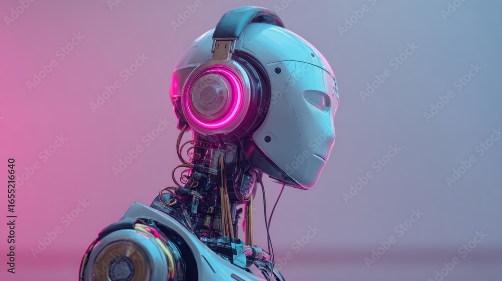 Poster a robot with a sleek design and glowing headphones enjoys music in a colorful, futuristic setting. i