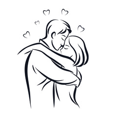 Passionate Embrace A Line Art Depiction of a Loving Couple Sharing a Kiss Surrounded by Hearts