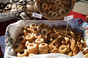 An enticing spread of authentic Cretan pastries. Featuring 'koulouraki' butter cookies with jam,...