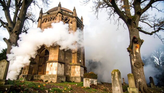 A grand, stone mausoleum, shrouded in thick white smoke, stands amidst a cemetery on a gloomy day. - Powered by Adobe
