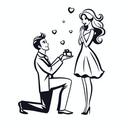 Charming Proposal Illustration A Man Kneels Offering a Ring to an Elegant Woman Surrounded by Symbolic Hearts of Love