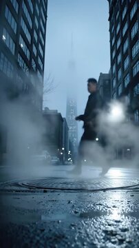 Low angle view of thick steam billowing from a manhole cover on a gritty urban street, with a distant skyscraper piercing the clear sky.