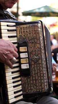 Skilled accordionists hands dance across keys and buttons, creating lively melodies that fill a bustling urban beer garden with vibrant music.