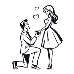 Charming Proposal Illustration A Man Kneels Offering a Ring to an Elegant Woman Surrounded by Symbolic Hearts of Love