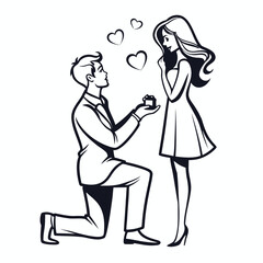 Charming Proposal Illustration A Man Kneels Offering a Ring to an Elegant Woman Surrounded by Symbolic Hearts of Love