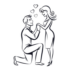 Charming Proposal Illustration A Man Kneels Offering a Ring to an Elegant Woman Surrounded by Symbolic Hearts of Love