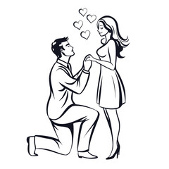 Charming Proposal Illustration A Man Kneels Offering a Ring to an Elegant Woman Surrounded by Symbolic Hearts of Love