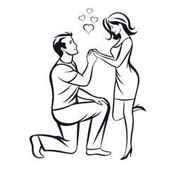 Charming Proposal Illustration A Man Kneels Offering a Ring to an Elegant Woman Surrounded by Symbolic Hearts of Love