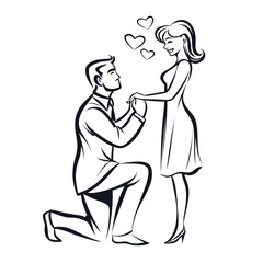 Charming Proposal Illustration A Man Kneels Offering a Ring to an Elegant Woman Surrounded by Symbolic Hearts of Love
