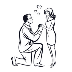 Charming Proposal Illustration A Man Kneels Offering a Ring to an Elegant Woman Surrounded by Symbolic Hearts of Love