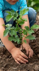 Child planting a small tree in the dirt