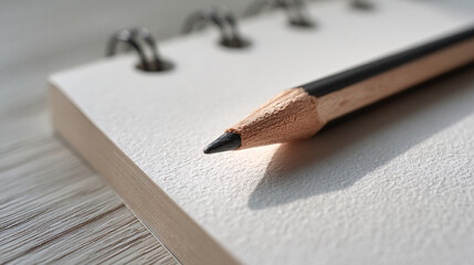 macro shot of blank notebook corner paired with simple pencil on light wooden desktop, minimalist modern composition