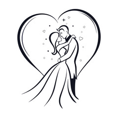 Elegant Silhouette of a Romantic Wedding Celebration with Hearts Around a Couple in Love Ready to Kiss