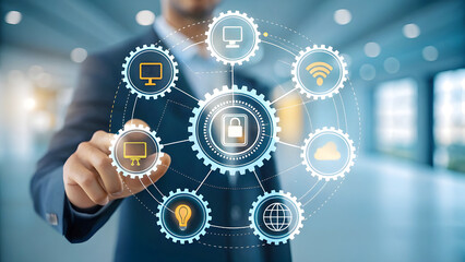 Businessman interacts with futuristic holographic network of interconnected digital data and business processes.