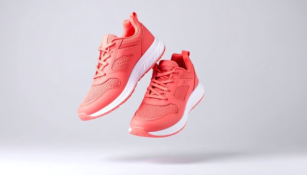 Two vibrant coral-colored athletic shoes hover against a neutral backdrop, showcasing a modern, minimalist design.