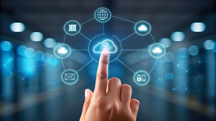Finger touching digital cloud network interface showing interconnected technology concepts and data flow