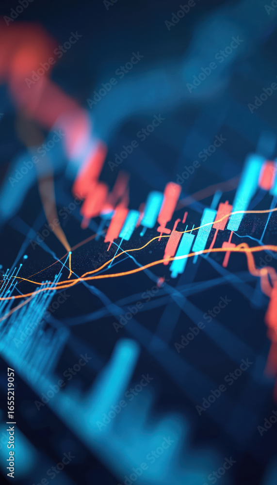 Poster dynamic stock market chart with blue and orange data trends. digital display shows financial volatil