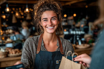 Smiling cashier accepting payment from customer at checkout in bakery
