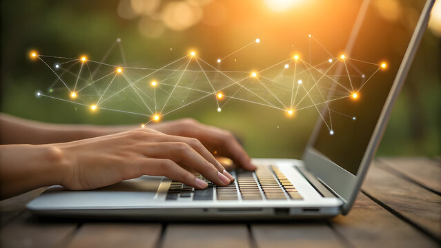 Person typing on a modern laptop outdoors with glowing bokeh lights creating a magical technology ambiance