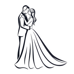 Fototapeta premium Elegant Wedding Silhouette Embracing Couple in Love Groom in Suit Bride in Gown Vector Art Romantic Illustration
