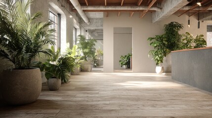 Fototapeta premium Light-filled interior with potted plants, wood flooring, concrete accents, and large windows