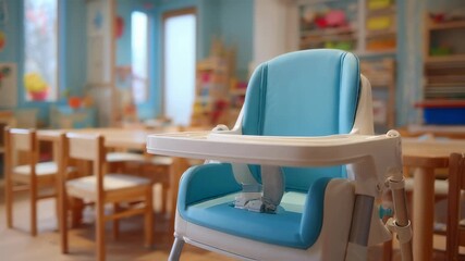 Medium shot showing the highchairs adjustable tilt mechanism in use highlighting easeofuse for caregivers while the surrounding childrens playroom fades softly out of focus.