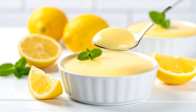 Creamy lemon curd dessert served in white bowls, highlighted by fresh lemon slices and sprigs of mint.