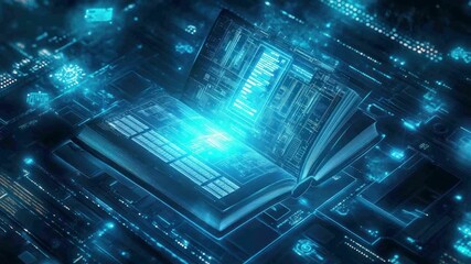Open book illuminated, overlayed on circuit board lines with digital data and glow effect - Powered by Adobe