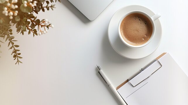 Overhead shot of a desk with coffee laptop clipboard pen and plant on a white surface top view