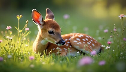 Cute white-tailed deer fawn rests peacefully in sunlit summer meadow filled with small pink, white wildflowers. Spotted fur on back contrasts with green grass. Young mammal enjoying nature in